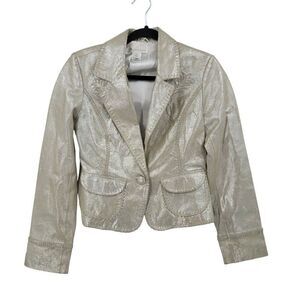 WHBM Metallic Gold Western Genuine Leather Bolero Jacket 6 Patch Work Embossed